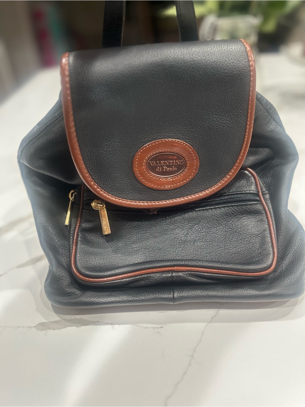 VINTAGE Valentino di Paolo Black Leather Backpack with Gold Hardware